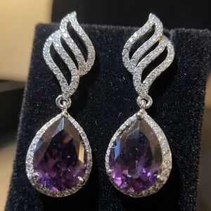 Silver w/Pear-Shaped Amethyst & Diamond Swirl Drop Earrings